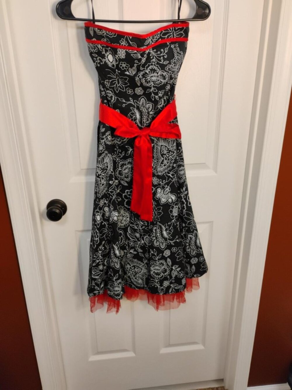 Ruby Rox Size 9 Black White Floral Cocktail Dress Red Satin Bow Tulle